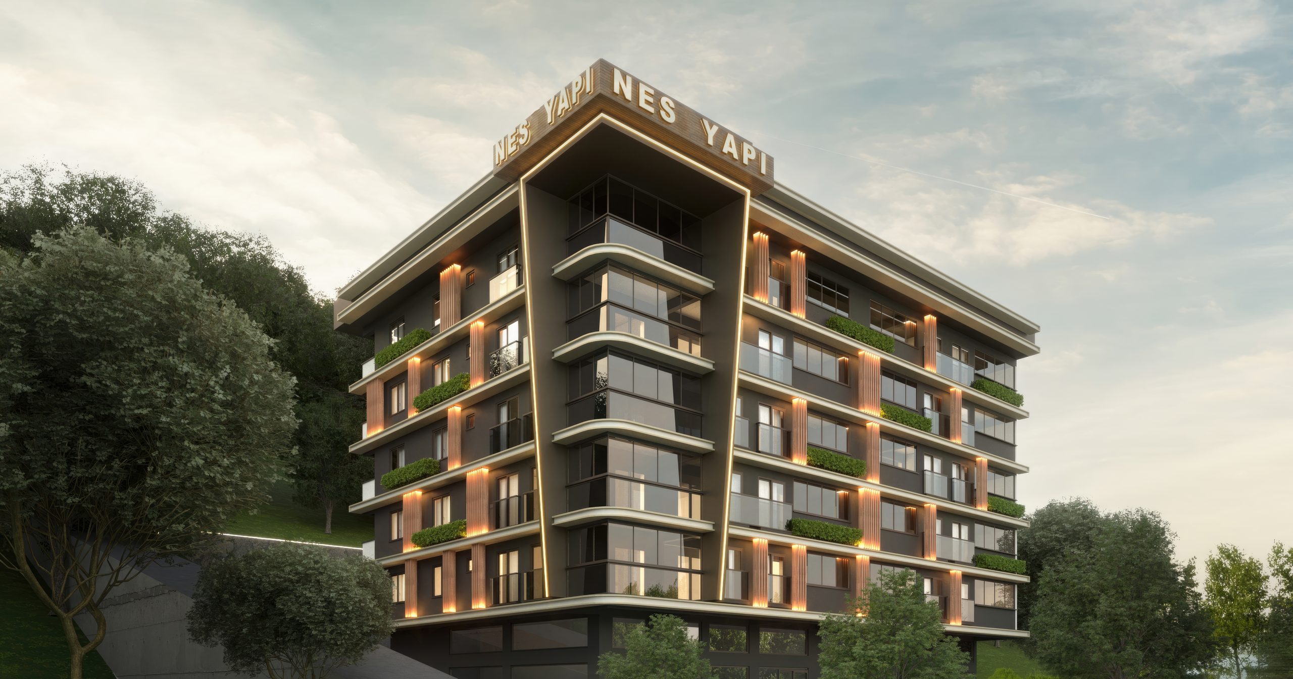 NES Yapı tarafından İstanbul Maltepe’de geliştirilen NES Zümrütevler Residence projesinin akşam saatlerindeki cephe görünümü
