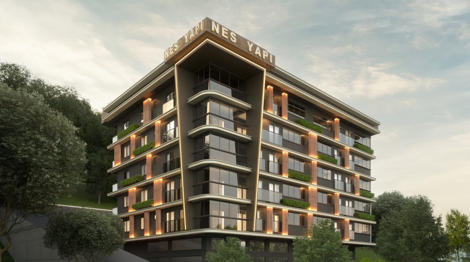 NES Zümrütevler Residence’ın akşam saatlerinde çekilmiş köşe cephe görselleştirmesi; yumuşak hatlı balkonlar ve aydınlatılmış cephe detayları
